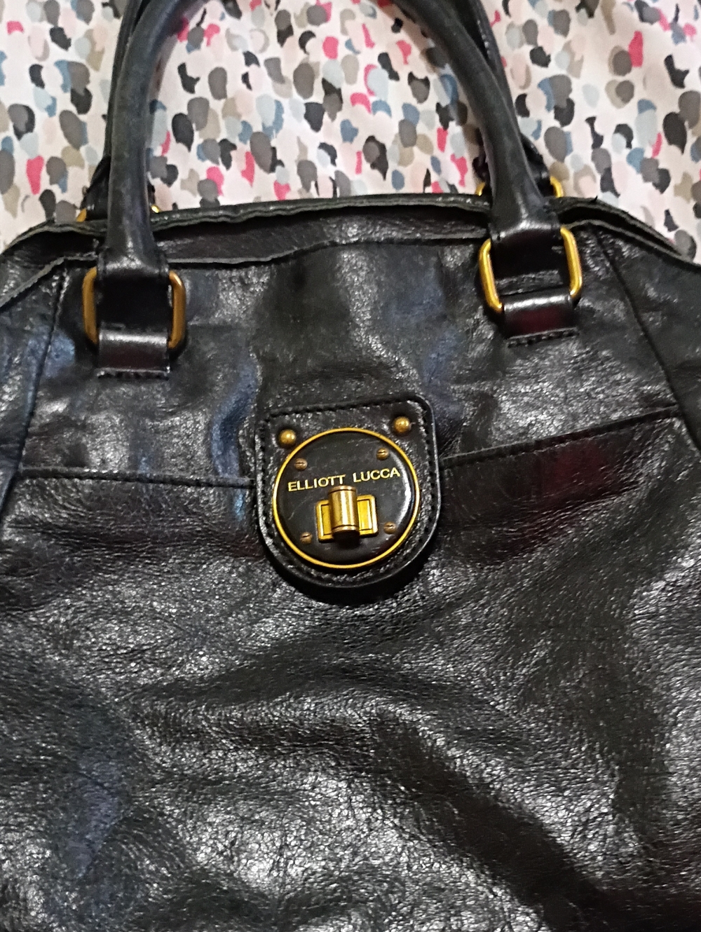 Elliott Lucca Black Leather Tote with Gold-Tone Accents